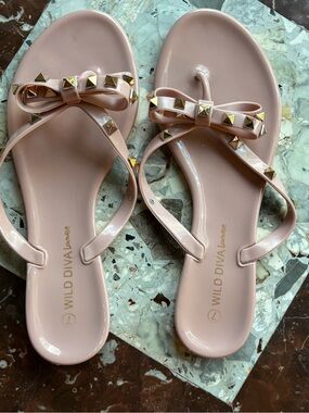 DIVA Lounge Pink Bow Jelly Sandals with Gold Stud Accents